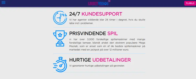 LuckyVegas kundesupport, spil og udbetaling